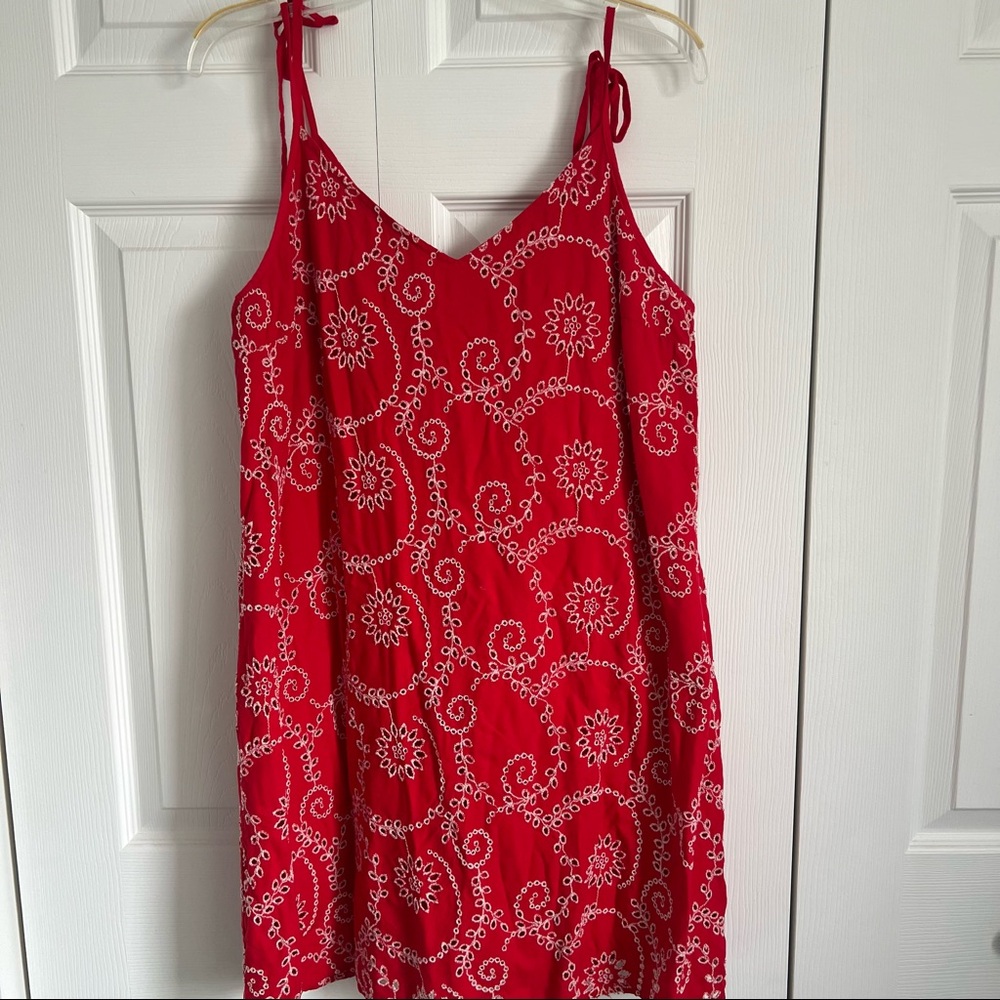 American Eagle red spaghetti strap white floral embroidered detail short dress